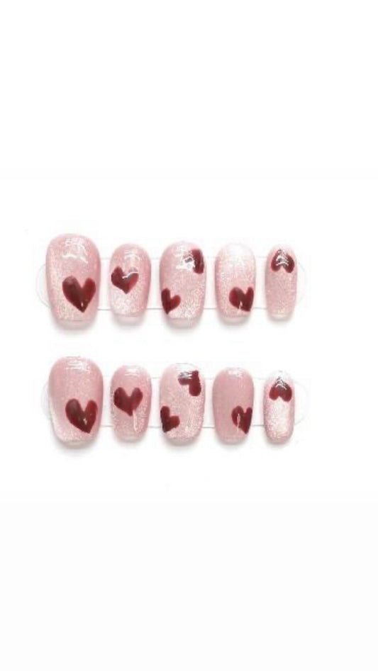 Red Hearts - Handmade Press On Nails Easy Use | Glossy finish