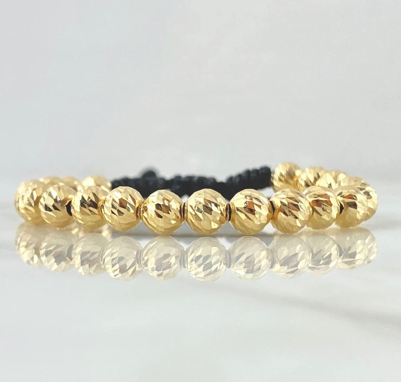 Black Beads Bracelet 6mm Diamond Cut 20pcs 18K Yellow Gold (A.C)
