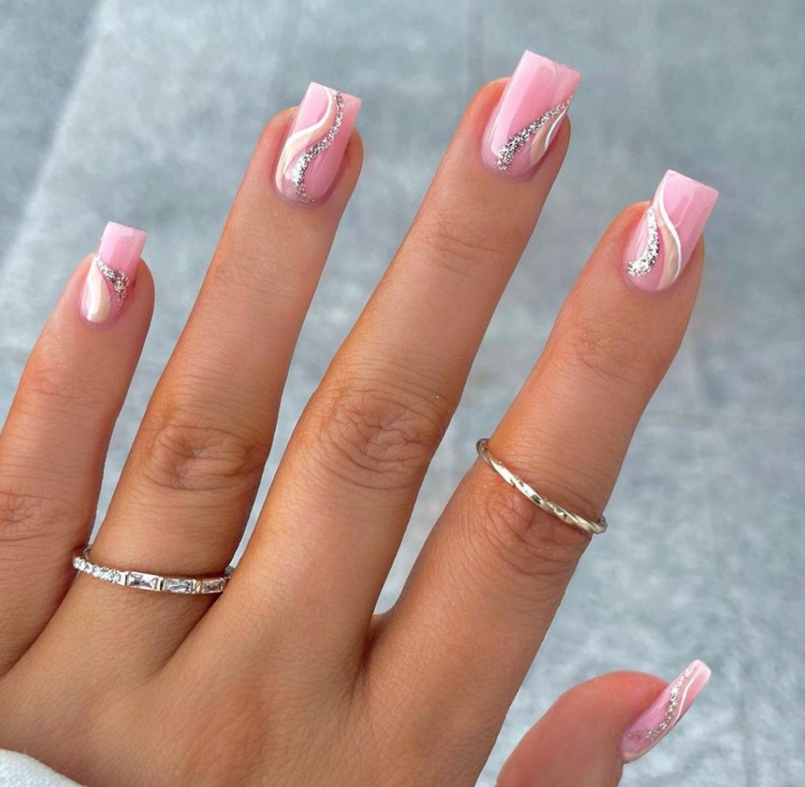 Silver with Rose - Press on Nails Easy to use | shiny silver