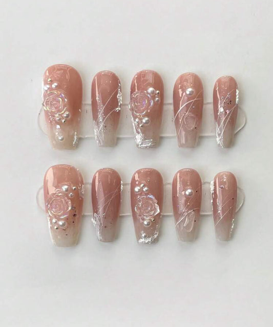 Roses and Pearls - Handmade Press-On Nails Easy Use | Embossed pearl finish