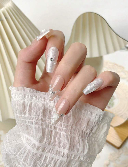 Nude and Pearls - Handmade Press on Nails Easy to use | Embossed pearl finish